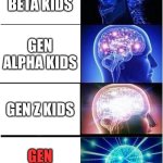 GEN OF THE BATTLE IIII | GEN BETA KIDS; GEN ALPHA KIDS; GEN Z KIDS; GEN X KIDS | image tagged in memes,expanding brain,gen alpha | made w/ Imgflip meme maker