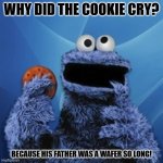 Daily Bad Dad Joke January 15, 2025 | WHY DID THE COOKIE CRY? BECAUSE HIS FATHER WAS A WAFER SO LONG! | image tagged in cookie monster | made w/ Imgflip meme maker