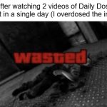 Wasted | Me after watching 2 videos of Daily Dose Of Internet in a single day (I overdosed the internet) | image tagged in wasted,internet | made w/ Imgflip meme maker