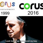 I miss the old, fun, nolstagic Corus logo. Now it looks like the logo of a tech company, thanks a LOT oversimplification gods | 2016; 1999 | image tagged in look how they massacred my boy,oversimplified | made w/ Imgflip meme maker