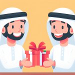 Two arabian brothers smiling giving a gift