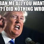 donald trump | BAN ME ALL YOU WANT BUT I DID NOTHING WRONG | image tagged in donald trump | made w/ Imgflip meme maker