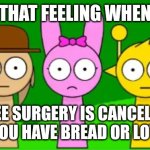 Tunner, Pinki, and Simon staring at you | THAT FEELING WHEN; KNEE SURGERY IS CANCELLED AND YOU HAVE BREAD OR LOTTERY | image tagged in tunner pinki and simon staring at you | made w/ Imgflip meme maker