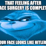 knee surgery | THAT FEELING AFTER FACE SURGERY IS COMPLETE; YOUR FACE LOOKS LIKE HITLER'S | image tagged in knee surgery | made w/ Imgflip meme maker