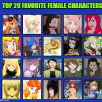 top 20 favorite female characters | TOP 20 FAVORITE FEMALE CHARACTERS | image tagged in 20 female characters of all time,top 20,movies,videogames,anime,the little mermaid | made w/ Imgflip meme maker