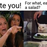 My friend made this | I hate you! For what, eating
a salad? | image tagged in memes,woman yelling at cat | made w/ Imgflip meme maker