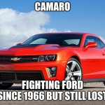 Camaro ZL1 | CAMARO; FIGHTING FORD SINCE 1966 BUT STILL LOST | image tagged in camaro zl1 | made w/ Imgflip meme maker