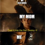 HALP | MY OLD SHOES; MY MOM; ME | image tagged in cast it into the fire | made w/ Imgflip meme maker