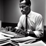 Martin Luther King working at a desk on a computer with a stack