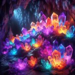 purple, orange, blue, red and green crystals in a cave (ai) template