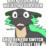 Something relatable for most ppl | WHEN YOUR MOM WALKS IN YOUR ROOM; AND THEN YOU SWITCH TO A DIFFERENT TAB | image tagged in scared dragon mint | made w/ Imgflip meme maker