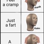 Panik Kalm Panik | Feel a cramp; Just a fart; A liquid one | image tagged in memes,panik kalm panik | made w/ Imgflip meme maker