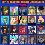 top 20 favorite female characters volume 2 | TOP 20 FAVORITE FEMALE CHARACTERS; VOLUME 2 | image tagged in 20 female characters of all time,anime,video games,fantasy,smg4,redheads | made w/ Imgflip meme maker