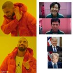 Am I Wrong Tho? | image tagged in memes,drake hotline bling,donald trump,squid game,north korea,america | made w/ Imgflip meme maker