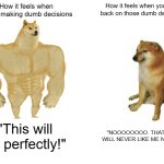 I think this has happened to me 10^10^10^10^10 number of times | How it feels when you're making dumb decisions; How it feels when you look back on those dumb decisions; "This will go perfectly!"; "NOOOOOOOO. THAT GIRL WILL NEVER LIKE ME NOW!!!!!" | image tagged in memes,buff doge vs cheems,regret | made w/ Imgflip meme maker