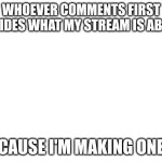 Blank White Template | WHOEVER COMMENTS FIRST DECIDES WHAT MY STREAM IS ABOUT; CAUSE I'M MAKING ONE | image tagged in blank white template | made w/ Imgflip meme maker