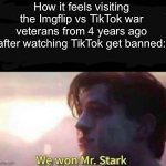 Most of y’all weren’t even here for that so y’all don’t know about that | How it feels visiting the Imgflip vs TikTok war veterans from 4 years ago after watching TikTok get banned: | image tagged in we won mr stark,it was also corny,i did not participate in it | made w/ Imgflip meme maker