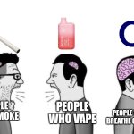 Just breathe air | PEOPLE WHO SMOKE; PEOPLE WHO VAPE; PEOPLE WHO BREATHE OXYGEN | image tagged in 2 dumbass arguing while a smartass is ignoring them,lungs,smoking,vaping,oxygen,memes | made w/ Imgflip meme maker