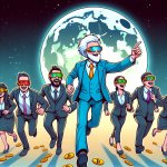 A cartoon trump leading a group of degens in suits, all wearing