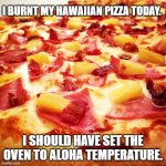 Daily Bad Dad Joke January 20, 2025 | I BURNT MY HAWAIIAN PIZZA TODAY. I SHOULD HAVE SET THE OVEN TO ALOHA TEMPERATURE. | image tagged in hawaiian pizza | made w/ Imgflip meme maker