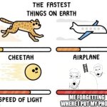 HEHE | ME FORGETTING WHERE I PUT MY PHONE | image tagged in the fastest things on earth cheetah airplane speed of light | made w/ Imgflip meme maker