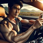 A muscular man drives a car