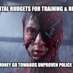 Training versus new tech | DEPARTMENTAL BUDGETS FOR TRAINING & RECRUITMENT; WATCHING MONEY GO TOWARDS UNPROVEN POLICE TECHNOLOGY | image tagged in spiderman mask ripped | made w/ Imgflip meme maker