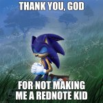 i hate rednote | THANK YOU, GOD; FOR NOT MAKING ME A REDNOTE KID | image tagged in praying sonic | made w/ Imgflip meme maker