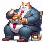 Fat Cat in suit eating lunch