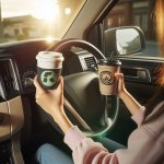 a person holding a reusable coffee cup while driving an SUV