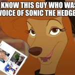 Same Voice Actor Roger Craig Smith | I KNOW THIS GUY WHO WAS THE VOICE OF SONIC THE HEDGEHOG | image tagged in dixie smiling,sonic the hedgehog,reba mcentire,the fox and the hound 2,sega | made w/ Imgflip meme maker