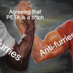 This is one of the reasons why anti-furs and furries should stop fighting and get along with each other | Agreeing that PETA is a b*tch; Anti-furries; Furries | image tagged in memes,epic handshake | made w/ Imgflip meme maker