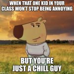 chill guy | WHEN THAT ONE KID IN YOUR CLASS WON'T STOP BEING ANNOYING; BUT YOU'RE JUST A CHILL GUY | image tagged in chill guy | made w/ Imgflip meme maker