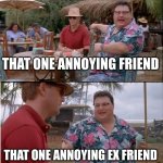 too much bro ?? | THAT ONE ANNOYING FRIEND; THAT ONE ANNOYING EX FRIEND | image tagged in memes,see nobody cares | made w/ Imgflip meme maker