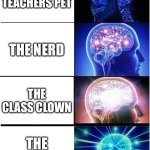 School tier | THE TEACHERS PET; THE NERD; THE CLASS CLOWN; THE QUIET KID | image tagged in memes,expanding brain | made w/ Imgflip meme maker