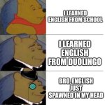 It just spawned in | I LEARNED ENGLISH FROM SCHOOL; I LEARNED ENGLISH FROM DUOLINGO; BRO, ENGLISH JUST SPAWNED IN MY HEAD | image tagged in tuxedo winnie the pooh 3 panel,funny,meme,memes,funny memes,funny meme | made w/ Imgflip meme maker