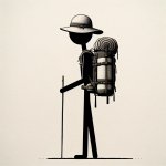 a stick figure with a backpack and hat