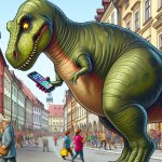 dinosaur looking at phone while crossing street meme