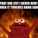 the pain is crazy | THAT ONE CUT I NEVER NEW I HAD WHEN IT TOUCHES HAND SANITIZER | image tagged in gifs,tickle me elmo | made w/ Imgflip video-to-gif maker