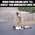 sibling | WHEN YOUR SIBLING SAYS "I’LL BE GENTLE" AND IMMEDIATELY DOES THIS | image tagged in gifs,memes | made w/ Imgflip video-to-gif maker
