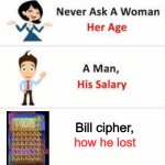 how bill cipher lost | Bill cipher, how he lost | image tagged in never ask a woman her age | made w/ Imgflip meme maker