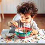 a toddler holding a spoon upside down while trying to eat cereal