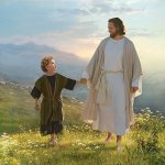 Jesus walking with kid