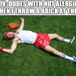 thursdays be like | POV: DUDES WITH NUT ALERGIES WHEN I THROW A BRICK AT THEM | image tagged in knocked out,brick,nuts | made w/ Imgflip meme maker