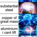 What's your favourite music genre? | heavy metal; weighty iron; substantial steel; copper of great mass; aluminium i cant lift; too much titanium; osmium | image tagged in 7-tier expanding brain | made w/ Imgflip meme maker