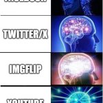 brain | FACEBOOK; TWITTER/X; IMGFLIP; YOUTUBE | image tagged in memes,expanding brain | made w/ Imgflip meme maker