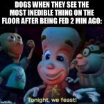 If you are reading this, both sides of your pillow will be warm | DOGS WHEN THEY SEE THE MOST INEDIBLE THING ON THE FLOOR AFTER BEING FED 2 MIN AGO: | image tagged in tonight we feast,memes | made w/ Imgflip meme maker