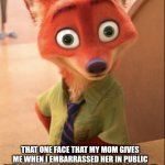 nick wilde big eyes | THAT ONE FACE THAT MY MOM GIVES ME WHEN I EMBARRASSED HER IN PUBLIC BUT SHE KNOWS THAT SHE CAN BEAT ME FOR IT | image tagged in nick wilde big eyes | made w/ Imgflip meme maker