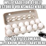 Carton of Eggs | WILL TRADE FOR A FULLY RESTORED VOLKSWAGEN BEETLE; DON'T TRY TO LOW BALL ME. I KNOW WHAT I HAVE HERE. | image tagged in carton of eggs,volkswagen,vw beetle | made w/ Imgflip meme maker