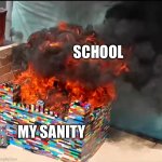 lego on fire | SCHOOL; MY SANITY | image tagged in lego on fire | made w/ Imgflip meme maker